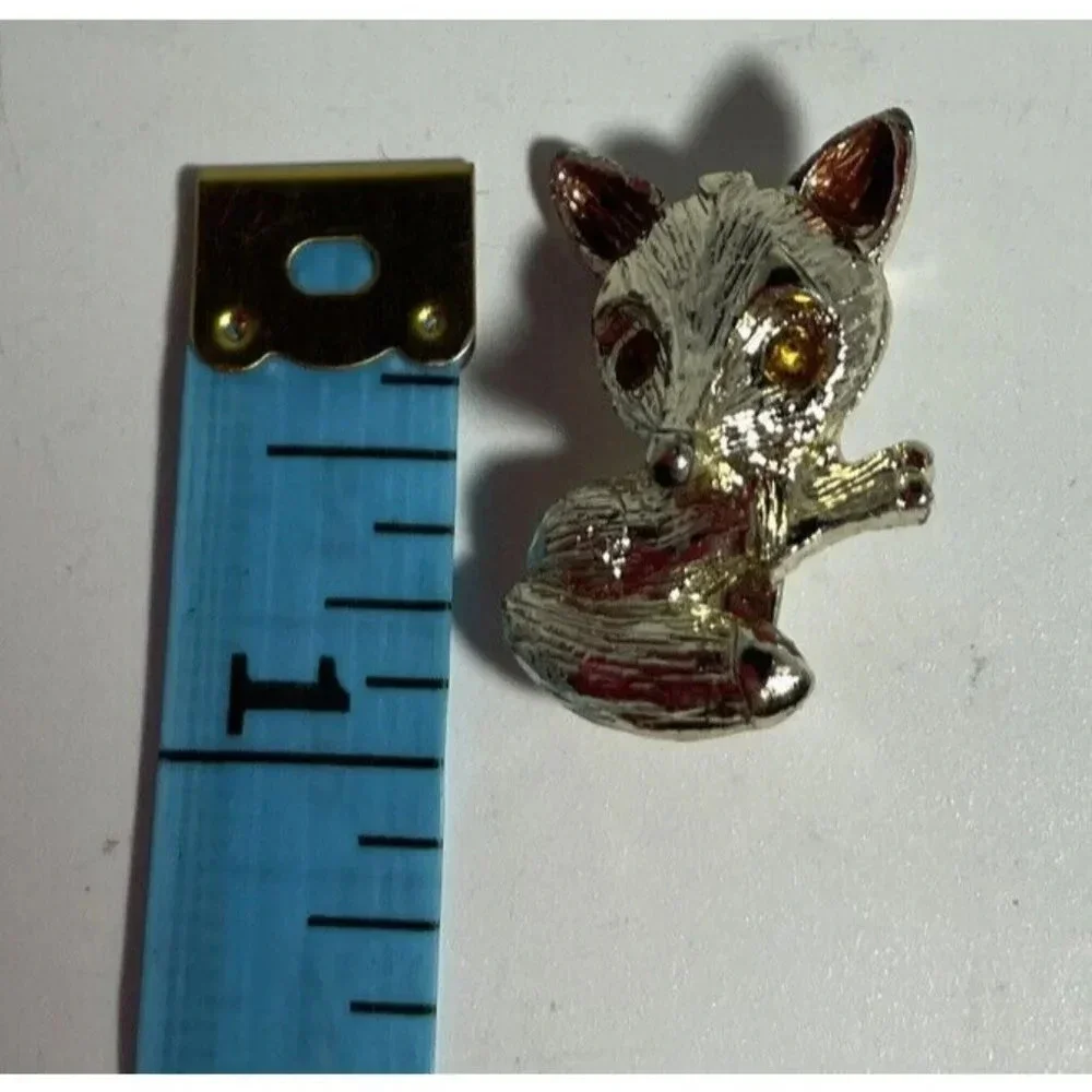 Gold Tone Fox Animal Brooch Pin Rhinestone Brown Eyes‎